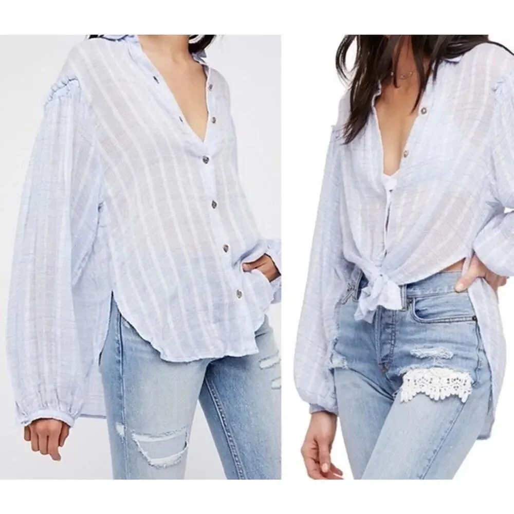 Free People Headed‎ To The Highlands Blue White Gauzy Shirt Womens Size XS Boho